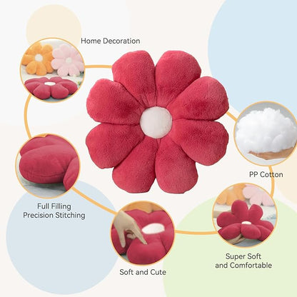 FIONOUT Flower Pillow, 17.7 Inch Rose Red Throw Pillows, Daisy Decorative Throw Pillows, Flower Shaped Pillow Floor Cushions for Reading and Room Dector