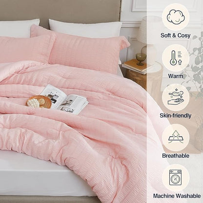 Pink Full Comforter Set - 3 Pieces Seersucker Lightweight Bedding Comforter Sets (1 Soft Fluffy Comforter & 2 Pillowcases) - All Seasons Cozy Cute Bed Sets for Women Girls