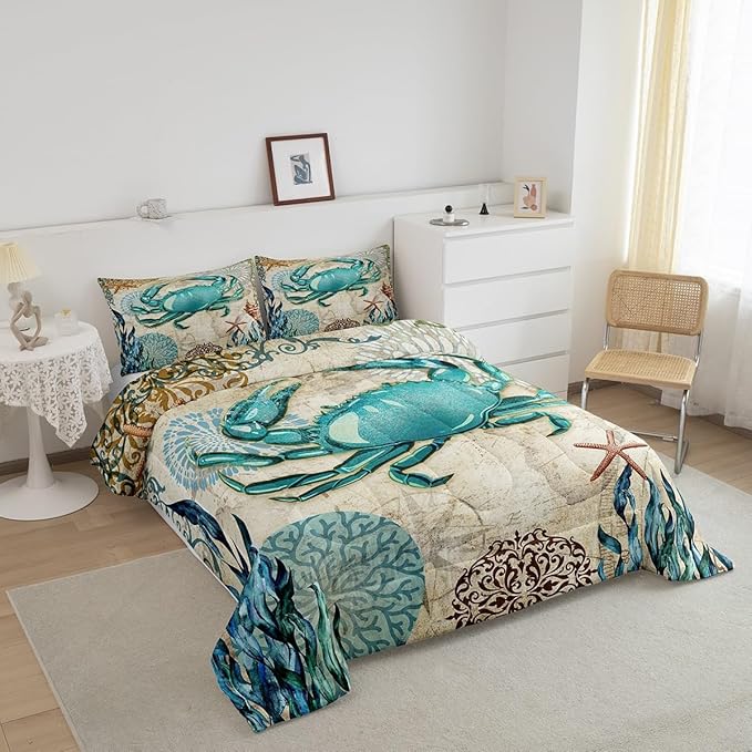 Sea Beach Theme Comforter Set Kids Beach Crabs Print Full Bedding 3D Sea Animal Crab Luxury Microfiber Quilted Duvet Set with 2 Pillowcases,Soft Lightweight Marine Life Decorative Bedding Soft Fluffy