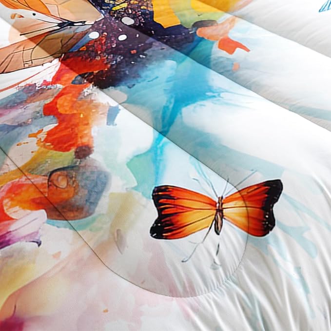 Colorful Butterfly Comforter Sets Queen，Bedding Sets for Kids，Watercolor Butterfly Comforter Sets All Season 1 Comforter and 2 Pillowcases