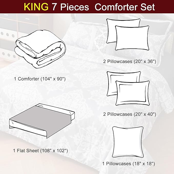 EVENHUG King Comforter Set 7 Pieces Lightweight Soft Queen Size Comforters for All Season Floral Bedding Sets Bed in a Bag with Flat Sheet and Fitted Sheet Pillowcases (104"x90")