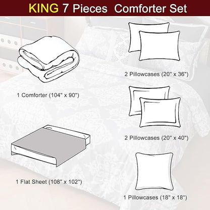 EVENHUG King Comforter Set 7 Pieces Lightweight Soft Queen Size Comforters for All Season Floral Bedding Sets Bed in a Bag with Flat Sheet and Fitted Sheet Pillowcases (104"x90")