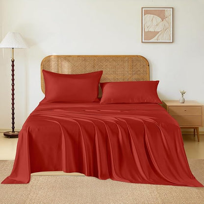 THXSILK Luxury Mulberry Silk Bed Sheets Set - 4pcs Silk Sheets Set 16" Deep Pocket - 1 Fitted Sheet, 1 Flat Sheet, 2 Pillowcases with Zipper Closure - Full, Red/Crimson