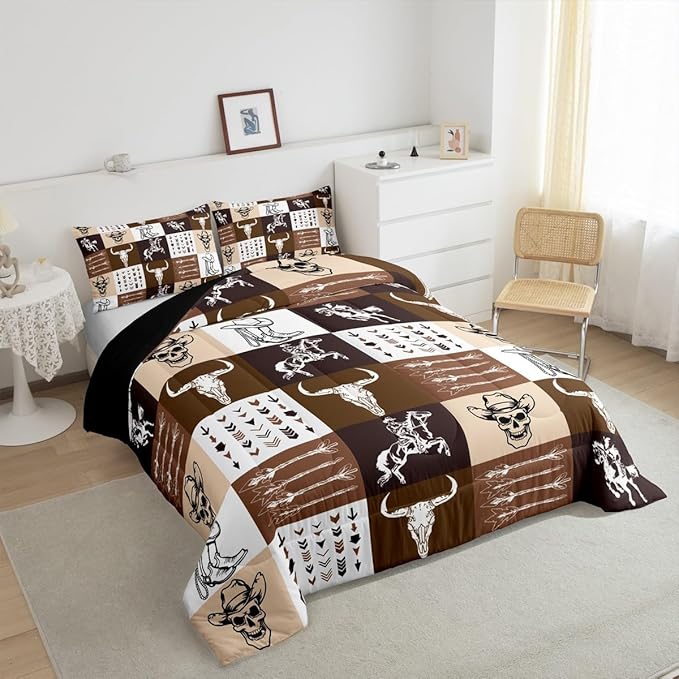 Feelyou Western Decor Bedding Set King Size Kids Wild Western Cowboy Comforter Set Horse Longhorn Skull Arrow Geometric Plaid Comforter for Room Decor Brown Duvet Set with 2 Pillow Case