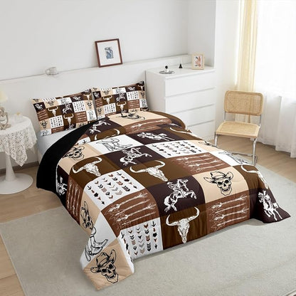 Feelyou Western Decor Bedding Set Twin Size Kids Wild Western Cowboy Comforter Set Horse Longhorn Skull Arrow Geometric Plaid Comforter for Room Decor Brown Duvet Set with 1 Pillow Case