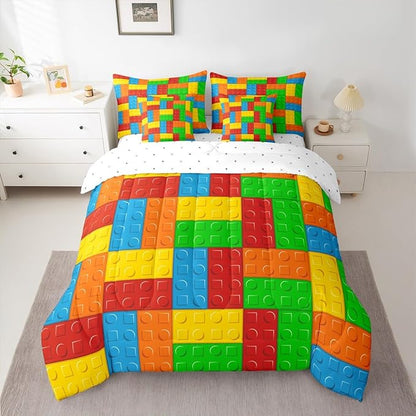 Building Block Kids Comforter Set 7 Pcs Queen Size, Brick Style Cartoon Gaming Bedding Quilt Set for Child Boys Room Decor Colorful Construction Fitted Flat Sheet 2 Throw Pillow Covers 2 Pillowcases