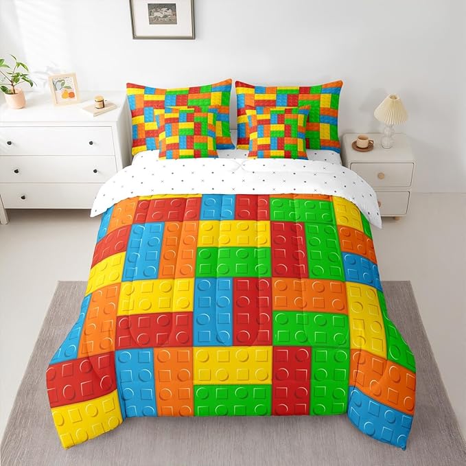 Building Block Kids Comforter Set 7 Pcs King Size, Brick Style Cartoon Gaming Bedding Quilt Set for Child Boys Room Decor Colorful Construction Fitted Flat Sheet 2 Throw Pillow Covers 2 Pillowcases