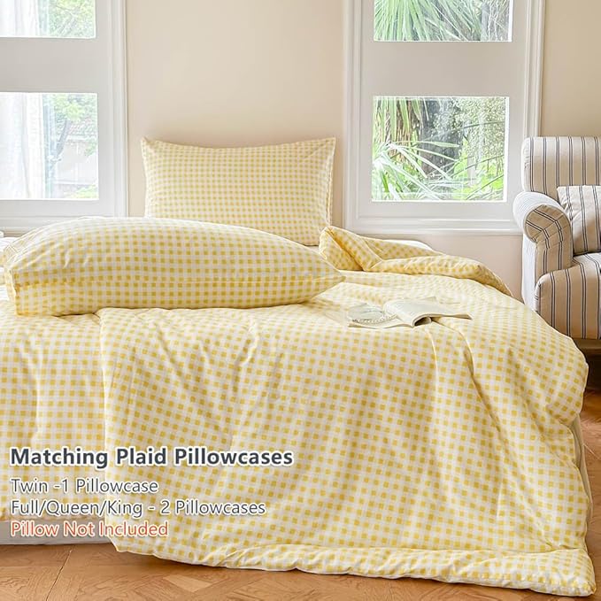 NSNLGSGC Yellow Gingham Cotton Comforter Set Twin, 100% Washed Cotton Plaid Checked Comforter Bedding, 2 Pieces Vintage Farmhouse Grid Bedding Set(Yellow Gingham, Twin)
