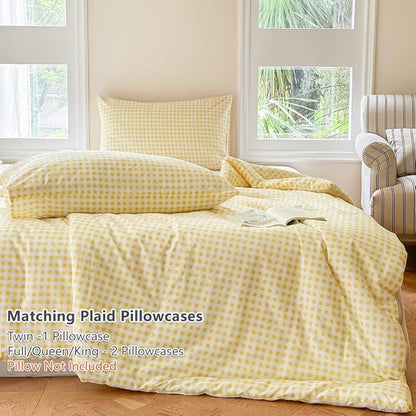 NSNLGSGC Yellow Gingham Cotton Comforter Set King, 100% Washed Cotton Red Plaid Checked Comforter Bedding, 3 Pieces Vintage Farmhouse Grid Bedding Set(Yellow Gingham, King)