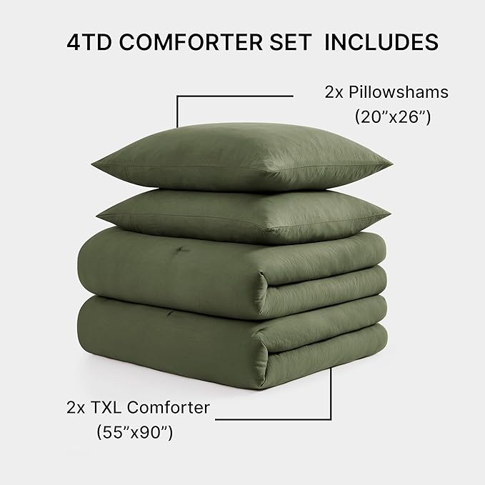 WRENSONGE Double Twin XL Comforter Set - 4 Pieces Prewashed Olive Green Bedding Set for All Seasons Soft Lightweight 2 Comforters (55" x 90") with 2 Pillow Shams