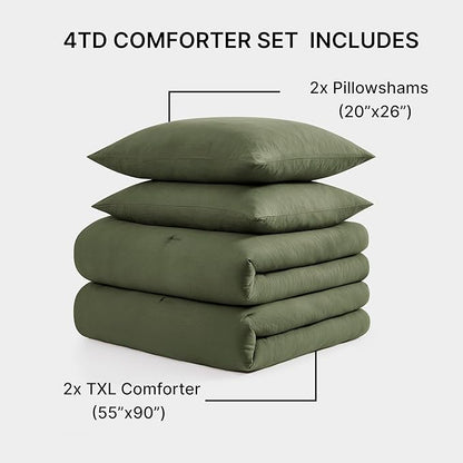 WRENSONGE Double Twin XL Comforter Set - 4 Pieces Prewashed Olive Green Bedding Set for All Seasons Soft Lightweight 2 Comforters (55" x 90") with 2 Pillow Shams