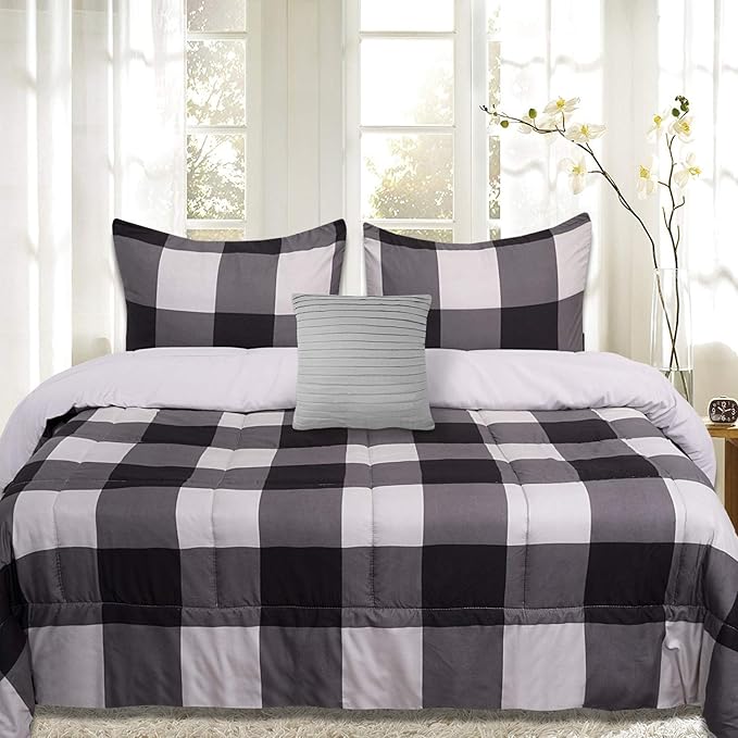 7 Piece Comforter Set Bag Solid Color All Season Soft Down Alternative Blanket & Luxurious Microfiber Bed Sheets, Queen, Buffalo Plaid Black/Gray/Black Sheet