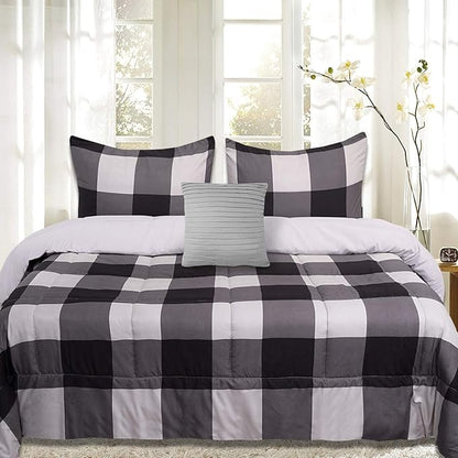 7 Piece Comforter Set Bag Solid Color All Season Soft Down Alternative Blanket & Luxurious Microfiber Bed Sheets, Queen, Buffalo Plaid Black/Gray/Black Sheet