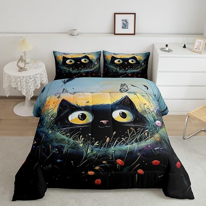 Manfei Kawaii Cat Twin Bedding Set,Cartoon Black Cat Comforter Set Reversible Bed Set for Bedroom Decor,Watercolor Flowers Leaves 2 Pieces Quilt Set,Natural Animal Plants Duvet Insert,1 Pillow Case