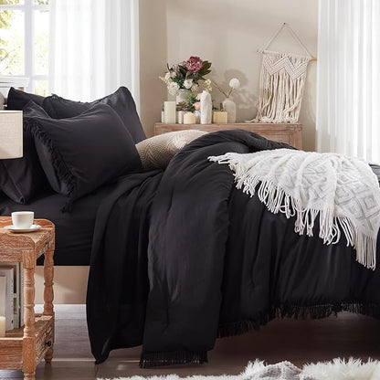 Anluoer Queen Comforter Set 7 Piece with Sheets-Black Boho Bed in a Bag with Tassel Lightweight Soft Bedding Sets with 1 Comforter, 2 PillowShams, 2 Pillowcases, 1 Flat Sheet, 1 Fitted Sheet