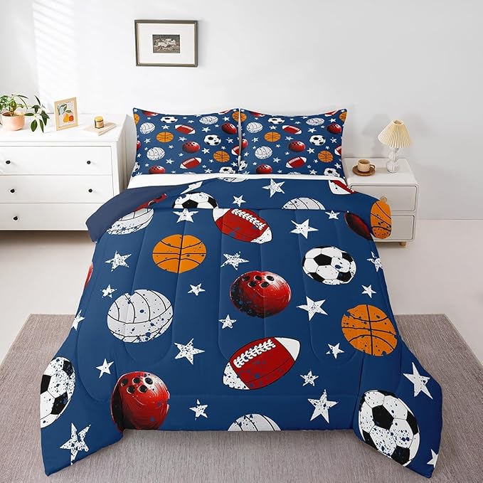 Feelyou Baseball Comforter Set Queen Size Football Comforter for Boys Girls Teens Basketball Bedding Set Rugby Sports Duvet Set Room Decor Dark Blue Mixed Ball Quilt Set
