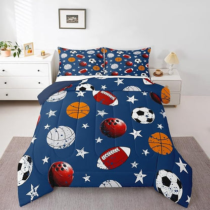 Feelyou Baseball Comforter Set Twin Size Football Comforter for Boys Girls Teens Basketball Bedding Set Rugby Sports Duvet Set Room Decor Dark Blue Mixed Ball Quilt Set