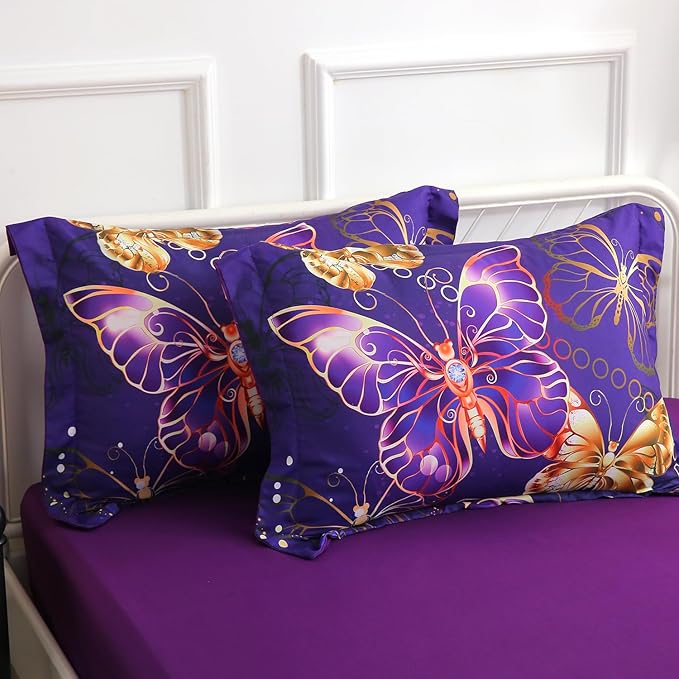 7 Piece Butterflies Comforter Set Queen Size 3D Gold Violet Butterflies Bedding Set for Kids Girls Women for Birthday Christmas Gift