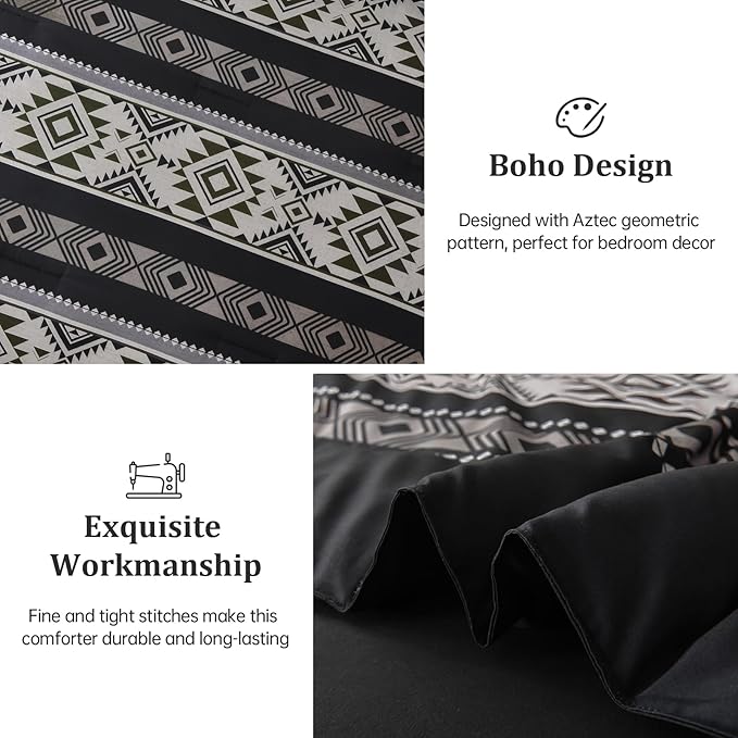 Anibedding Black King Size Comforter Set,7 Pieces Boho Striped Bed in a Bag Aztec Western Bedding Set, Soft Microfiber Farmhouse Bed Comforter Set for All Season