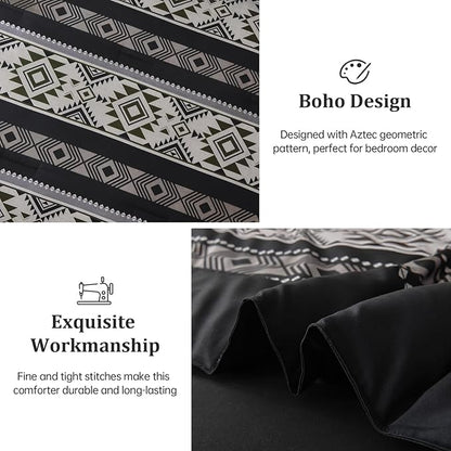Anibedding Black Comforter Set Queen Size,7 Pieces Boho Striped Bed in a Bag Aztec Western Bedding Set, Soft Microfiber Farmhouse Bed Comforter Set for All Season