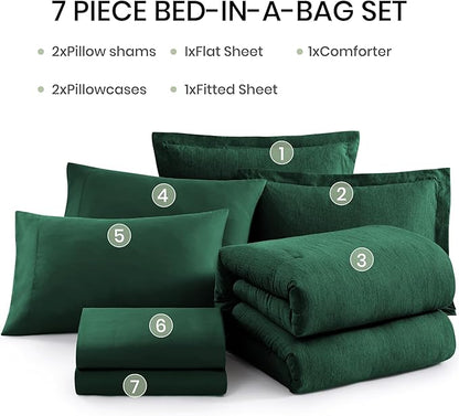 Monbix Full Size Comforter Set, Emerald Green Bedding Comforter for Full Size Bed Set Reversible, Bedding Sets Full 7 Pieces, Cationic Dyeing Bed in a Bag with Comforter, Sheets, Pillowcases & Shams