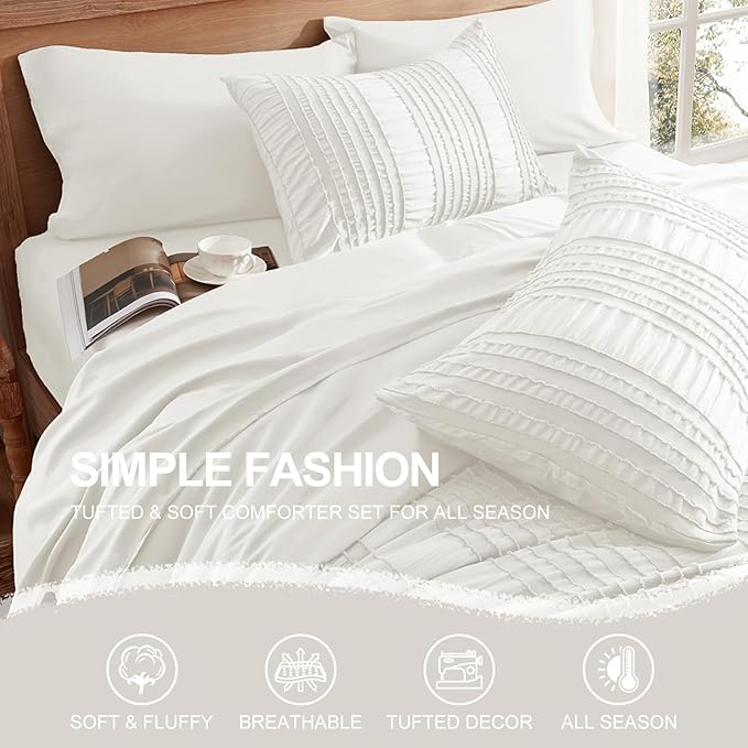 White Tufted Comforter Set King Size 7 Piece Bed in a Bag，Shabby Chic Boho Bedding for Bedroom Comforter，All Season Soft Microfiber Ruffle Comforter Set with Pillow and Sheets