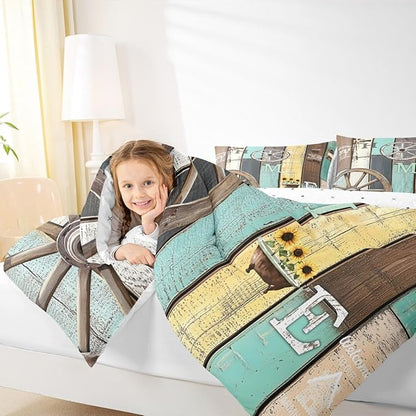 Rustic Farmhouse Cabin Bedding Set Retro Western Barn Wheel Windmill Comforter Set King,Farm Animal Sunflower Lodge Down Comforter,Pastoral Country Planks Quilt Duvet Insert Yellow Teal Brown 3 Pcs