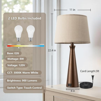 Seealle Modern Table Lamps Set of 2 - Touch Bedside Lamp for Nightstand with Dual USB C+A,3-Way Dimmable Brown Nightstand Lamps for Living Room Bedroom End Table with Oat Shade(Bulb Included)