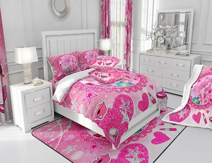 Mermaid Princess Kids Comforter Set King Size,High-Heeled Shoes Lip Bowknot Romantic Bedding Set,Girls Women Room Decor,Glitter Sequin Castle Down Comforter,Pink Dreamy Duvet Insert,2 Pillowcases
