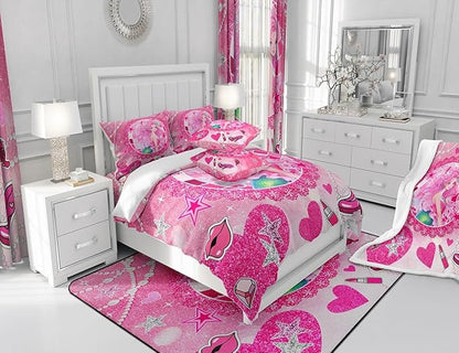 Mermaid Princess Kids Comforter Set King Size,High-Heeled Shoes Lip Bowknot Romantic Bedding Set,Girls Women Room Decor,Glitter Sequin Castle Down Comforter,Pink Dreamy Duvet Insert,2 Pillowcases