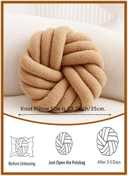 Khaki Knot Pillow 13.7'' Round Throw Pillow Soft Plush Knot Ball Pillow Handmade Knotted Pillow Modern Home Decorative Knotted Pillow Cushion for Bed Bedroom, Sofa, Couch