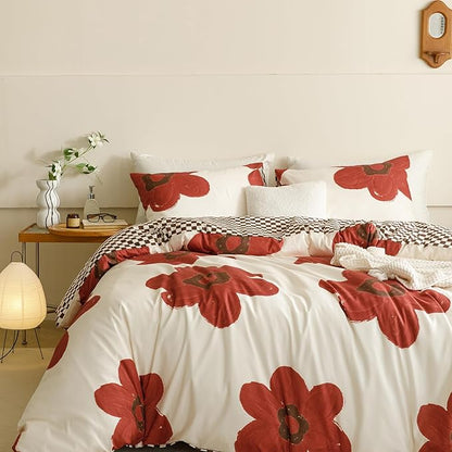 CLOTHKNOW Sunflower Comforter Set California King 3Pcs Rust Beige Floral Bedding Comforter Sets Brown Plaid Comforter Sets