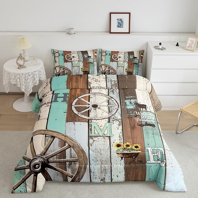 Western Rustic Comforter Twin Farmhouse Cabin Quilt Bedding Set For Kids Adult Men Women,Farm Animal Sunflower Wheel Comforter Set Retro Barn Door Windmill Duvet Blue Green Home Room Decor 2 Pcs