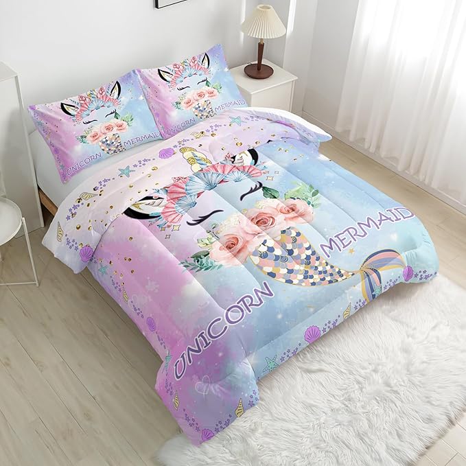 Cartoon Mermaid Tail Comforter Sets Full Size, Bedding Sets for Kids,Flowers and Scallops Comforter Sets All Season 1 Comforter and 2 Pillowcases