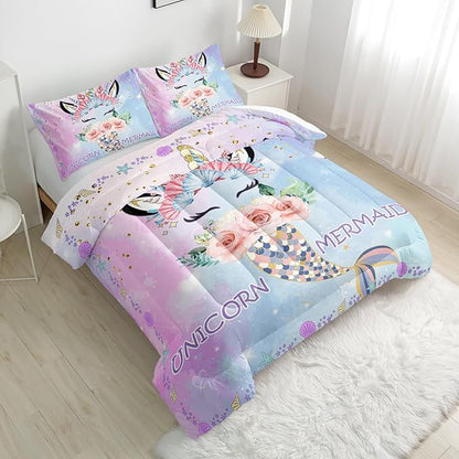 Cartoon Mermaid Tail Comforter Sets Full Size, Bedding Sets for Kids,Flowers and Scallops Comforter Sets All Season 1 Comforter and 2 Pillowcases