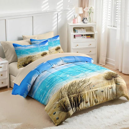Nesker 7 Pcs Comforter Set Full Size, Coastal Beach Seascape Scenery Bedding Set for Kids and Adults, Blue Ocean Seaside Seaweed Summer Bed Sheet Sets with Fitted Sheet 2 Pillowcases & 2 Shams