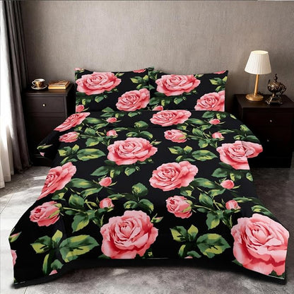 Rose Comforter Set Queen 3 Pieces Pink Rose Floral Bedding Set Black Romantic Soft Microfiber Down Alternative Comforter with 2 Pillowcases
