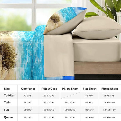 Nesker 7 Pcs Comforter Set Queen Size, Coastal Beach Seascape Scenery Bedding Set for Kids and Adults, Blue Ocean Seaside Seaweed Summer Sheets Bed Sheet Sets with Fitted Sheet 2 Pillowcases & 2 Shams