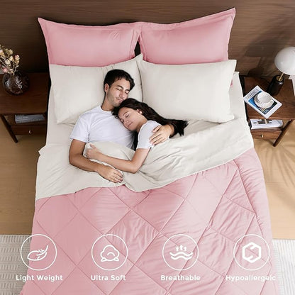 HEVUMYI Twin Comforter Set - 5-Piece All Season Bed in a Bag Twin, Ultra Soft Bedding Set with Comforter, Flat Sheet, Fitted Sheet, Pillowcases, Pillow Shams, Pink & Ivory