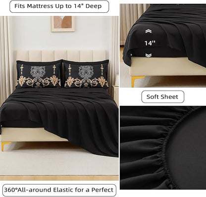 Mybedsoul 7 Pieces Black Comforter Set King Size, Gold Damask Bed in a Bag for King Bed, Lightweight Microfiber Boho Bedding Sets with Comforter, Sheet, Pillowcases & Shams for All Season(90"x104")