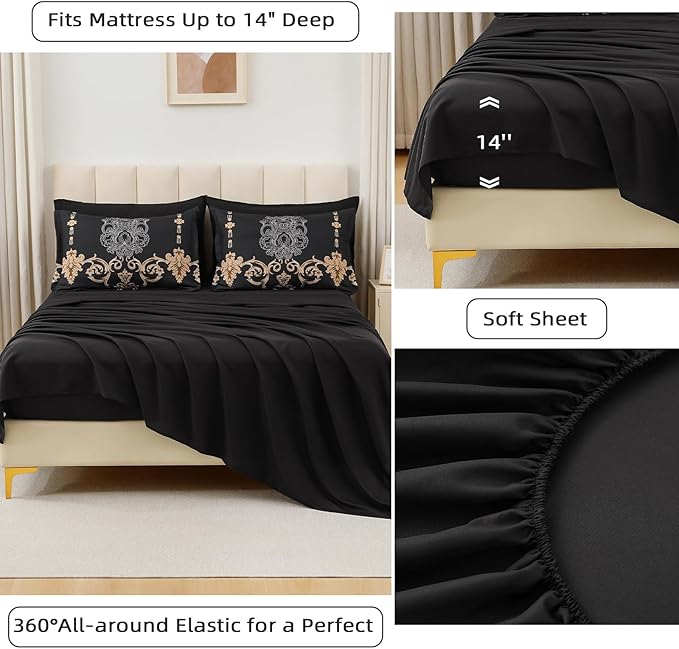 Mybedsoul Black Queen Comforter Set, 7 Pieces Gold Boho Bed in a Bag for Queen Bed, Damask Comforter with Sheets Pillowcases, Soft Microfiber Lightweight Bedding Sets for All Season(90"x90")