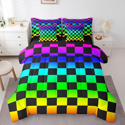 Multicolored Checkered Retro Comforter Set with Sheets 7 Piece Full Size Geometric Vintage Bed in a Bag Kids Boys Girls Colorful Bedding Set Modern Groovy Aesthetic Bedroom Decor Breathable Soft