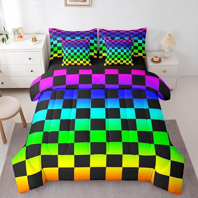 Multicolored Checkered Retro Comforter Set With Sheets 7 Piece King Size Geometric Vintage Bed in a Bag Kids Boys Girls Colorful Bedding Set Modern Groovy Aesthetic Bedroom Decor Breathable Soft