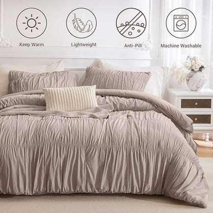 Lady Ann 120x98 Bed Comforter Set Camel Ruched Oversized King Boho Bedding Comforter Set for Bedroom Ultra Soft & Luxurious 3 Piece Fluffy Bed Sets
