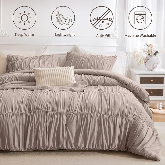 Lady Ann 120x120 Bed Comforter Set Camel Ruched Oversized King Boho Bedding Comforter Set for Bedroom Ultra Soft & Luxurious 3 Piece Fluffy Bed Sets