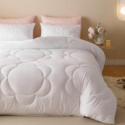 Cottonight White Sunflower Comforter Set - King Size 3 Piece Bedding Set - Soft Breathable Solid White Floral Bedding Set - Women Girls Boho Farmhouse Chic Blanket Quilts
