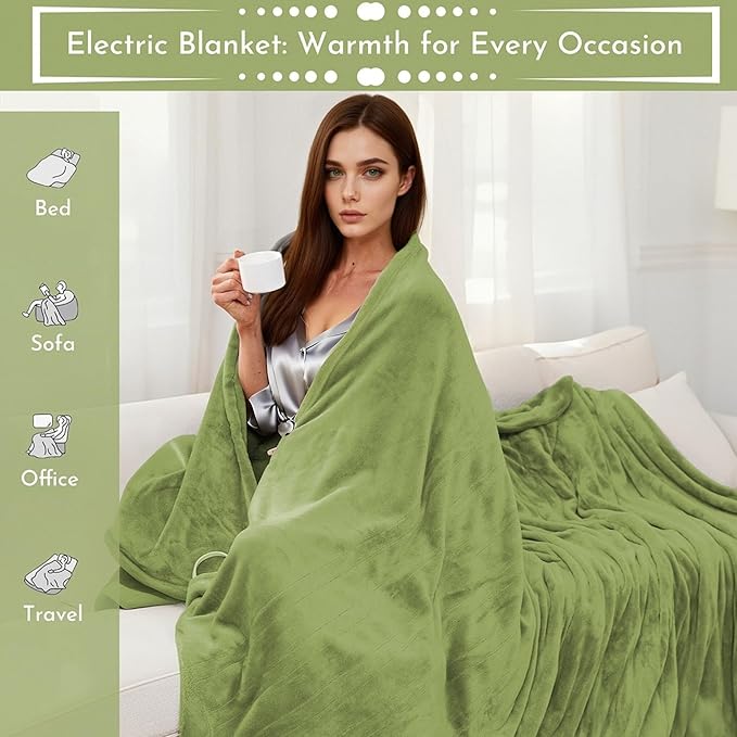Electric Heated Blanket 84"x90" Queen Size Flannel Heated Blanket, Cozy & Warm for All Night, 4 Heat Settings & 10 Hours Auto Off, Machine Washable, Green