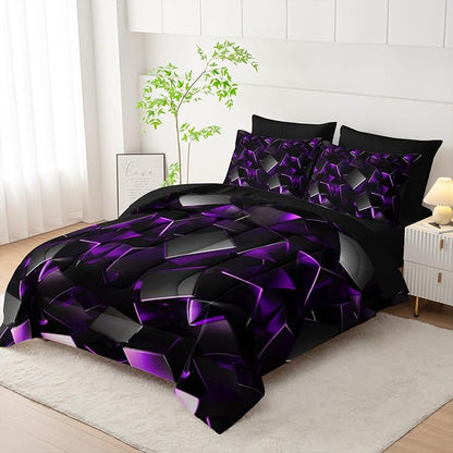 Purple and Black Geometric Comforter Set Twin Size 7PCS,Abstract Triangular Printed Bedding Set for Adults,Geometric Mordern Art Decor All Seasons with Pillowcases,Flat, Fitted Sheet