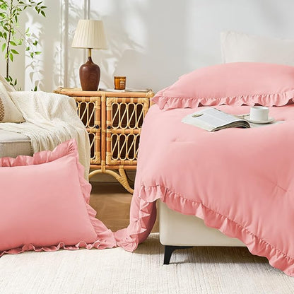 FUANNA Full Size Comforter Sets Pink, 3 Pieces Ruffle Full Size Bedding Sets, Fluffy Bed in a Bag Full for All Seasons, Shabby Chic Full Bed Set with 1 Lightweight Comforter & 2 Pillowshams