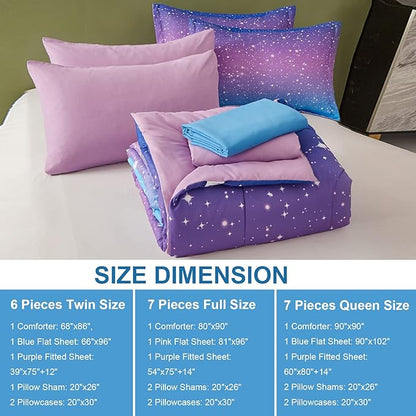 Drucon Girls Comforter Set Queen Size 7 Pieces Bed in A Bag Ombre Blue Purple Rainbow Bedding Set for Kids & Women (1 Comforter, 1 Flat Sheet, 1 Fitted Sheet, 2 Pillow Shams, 2 Pillowcases)